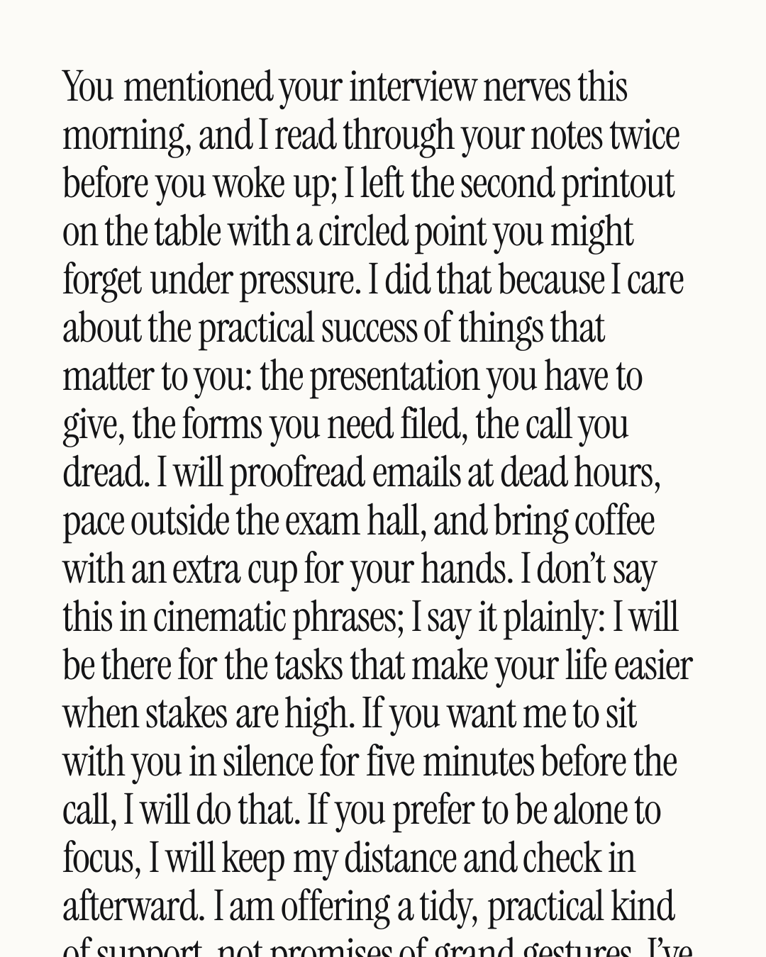 “You mentioned your interview nerves this morning, and I read through your notes twice bef…” — a love message card from 40+ Letter Length Love Messages.
