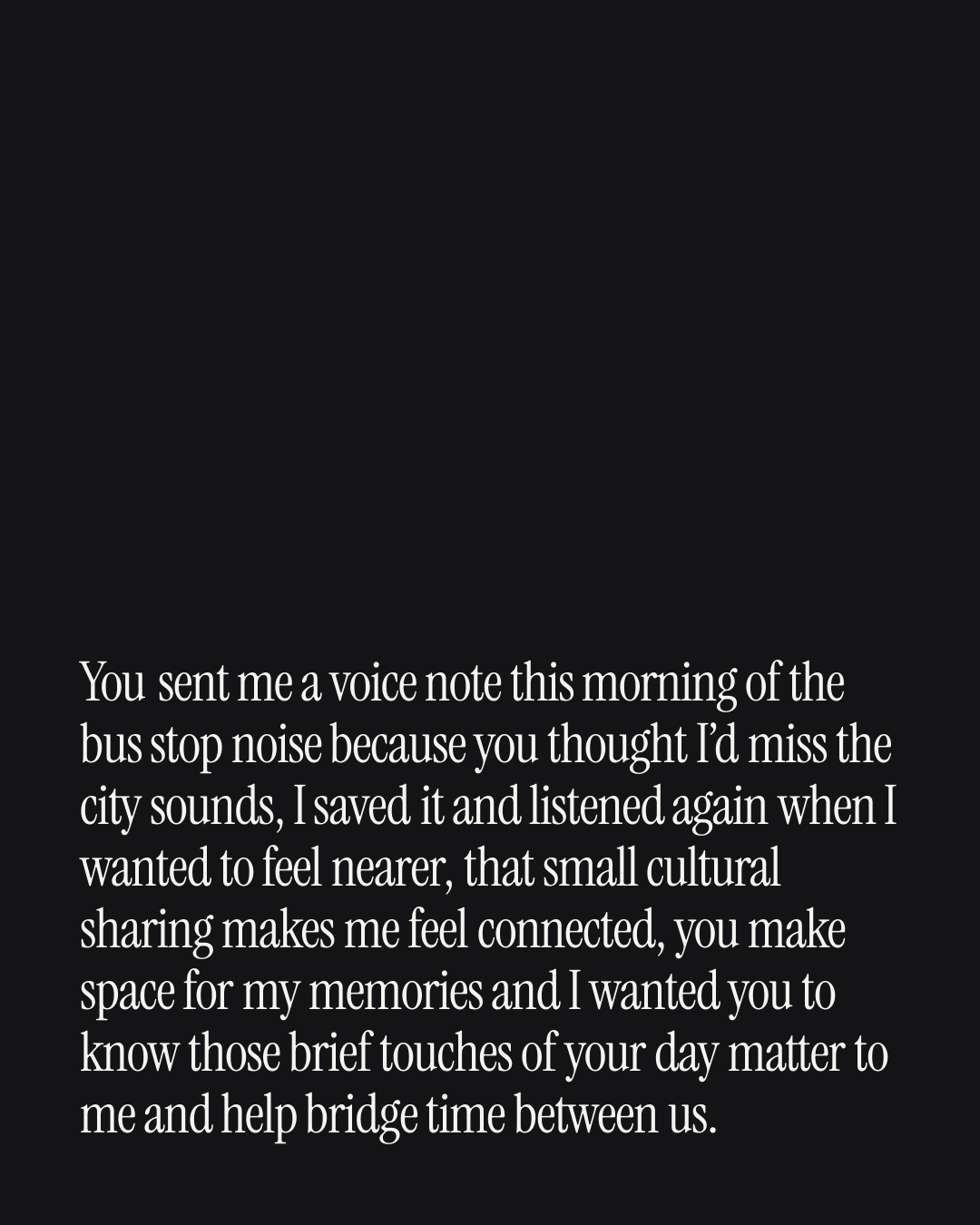 “You sent me a voice note this morning of the bus stop noise because you thought I’d miss …” — a love message card from 90+ Meaningful Love Messages for a Wife.