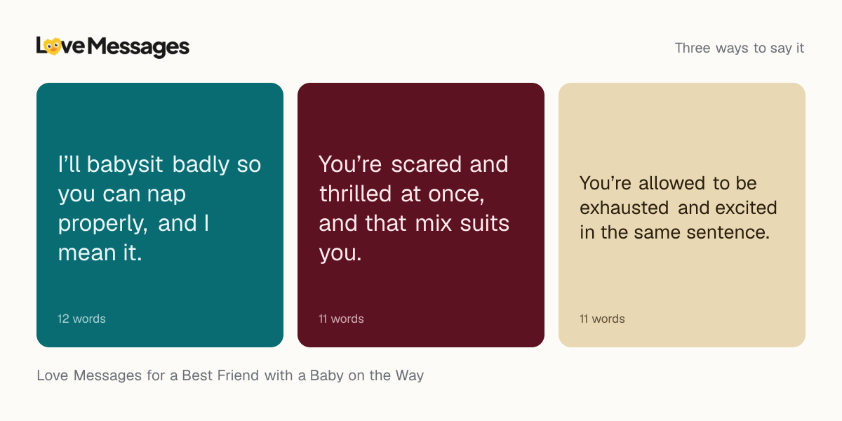 Three messages from this collection, each shown on a coloured card with its word count