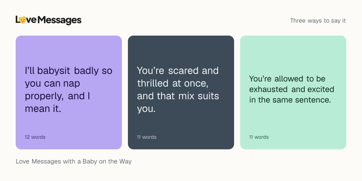Three messages from this collection, each shown on a coloured card with its word count