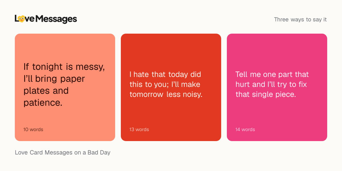 Three messages from this collection, each shown on a coloured card with its word count