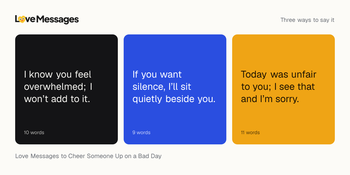 Three messages from this collection, each shown on a coloured card with its word count