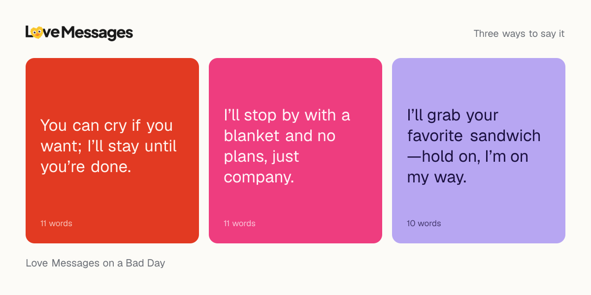 Three messages from this collection, each shown on a coloured card with its word count
