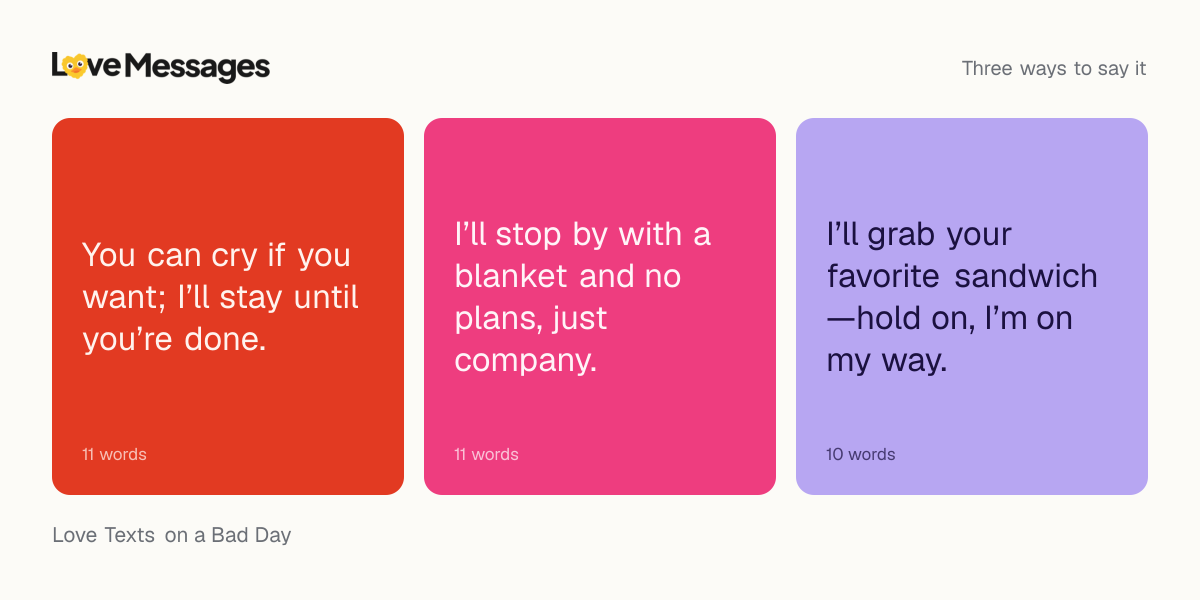 Three messages from this collection, each shown on a coloured card with its word count
