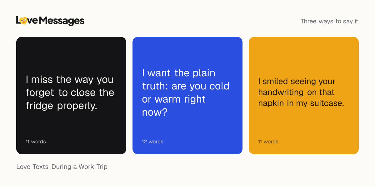 Three messages from this collection, each shown on a coloured card with its word count
