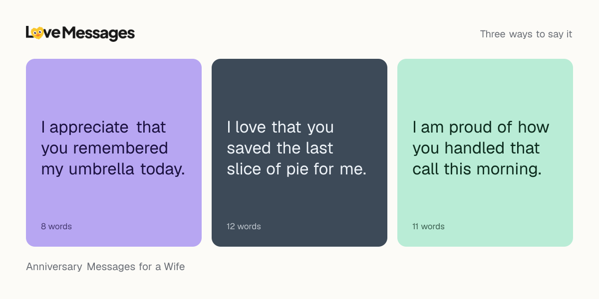 Three messages from this collection, each shown on a coloured card with its word count
