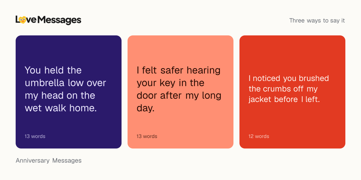Three messages from this collection, each shown on a coloured card with its word count