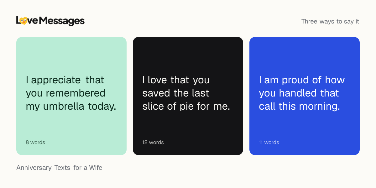 Three messages from this collection, each shown on a coloured card with its word count
