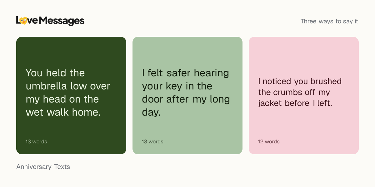 Three messages from this collection, each shown on a coloured card with its word count