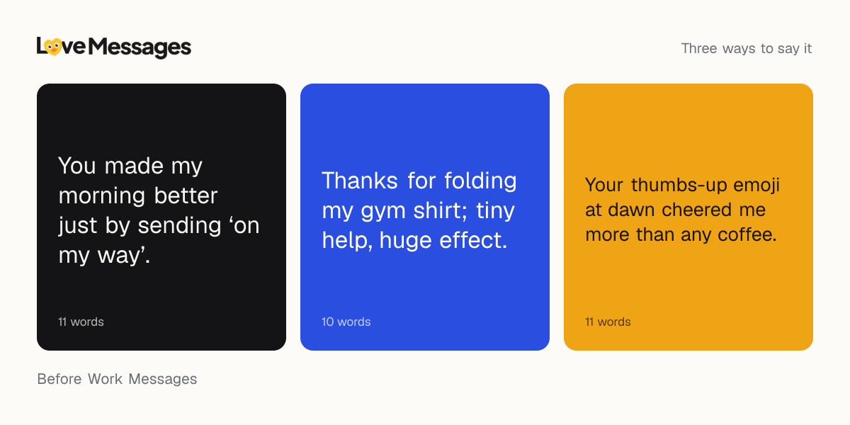 Three messages from this collection, each shown on a coloured card with its word count