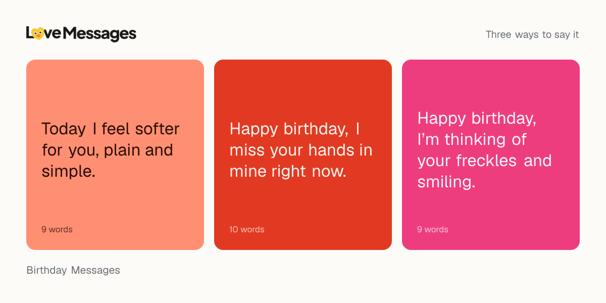 Three messages from this collection, each shown on a coloured card with its word count