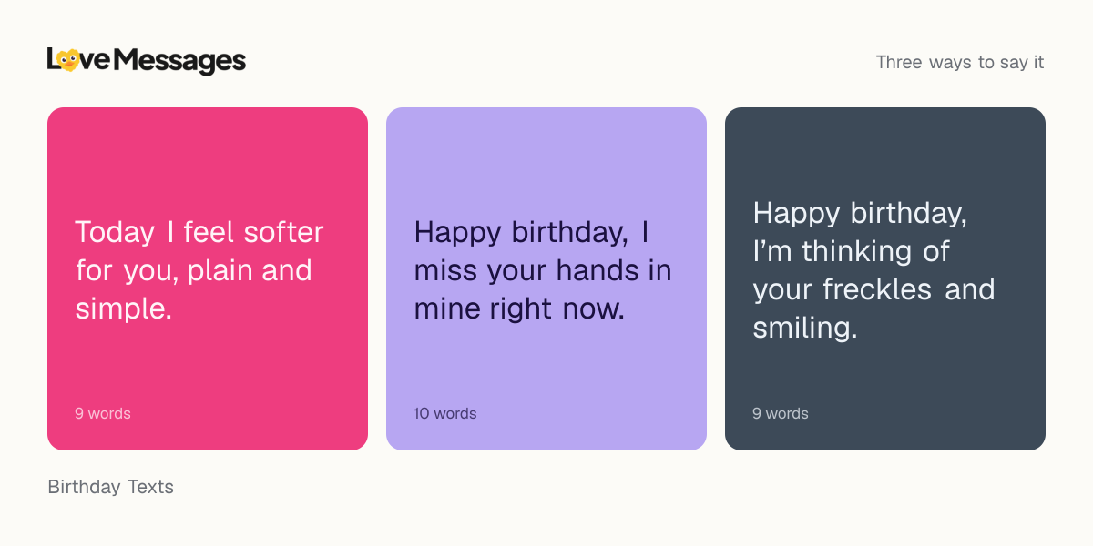 Three messages from this collection, each shown on a coloured card with its word count