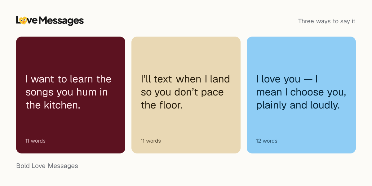 Three messages from this collection, each shown on a coloured card with its word count