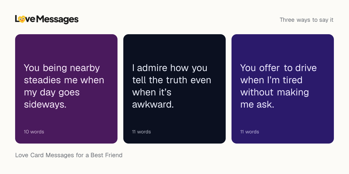 Three messages from this collection, each shown on a coloured card with its word count