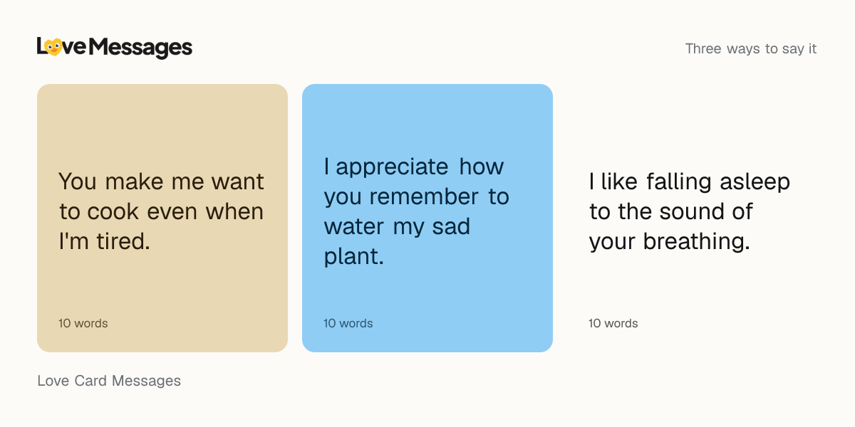 Three messages from this collection, each shown on a coloured card with its word count