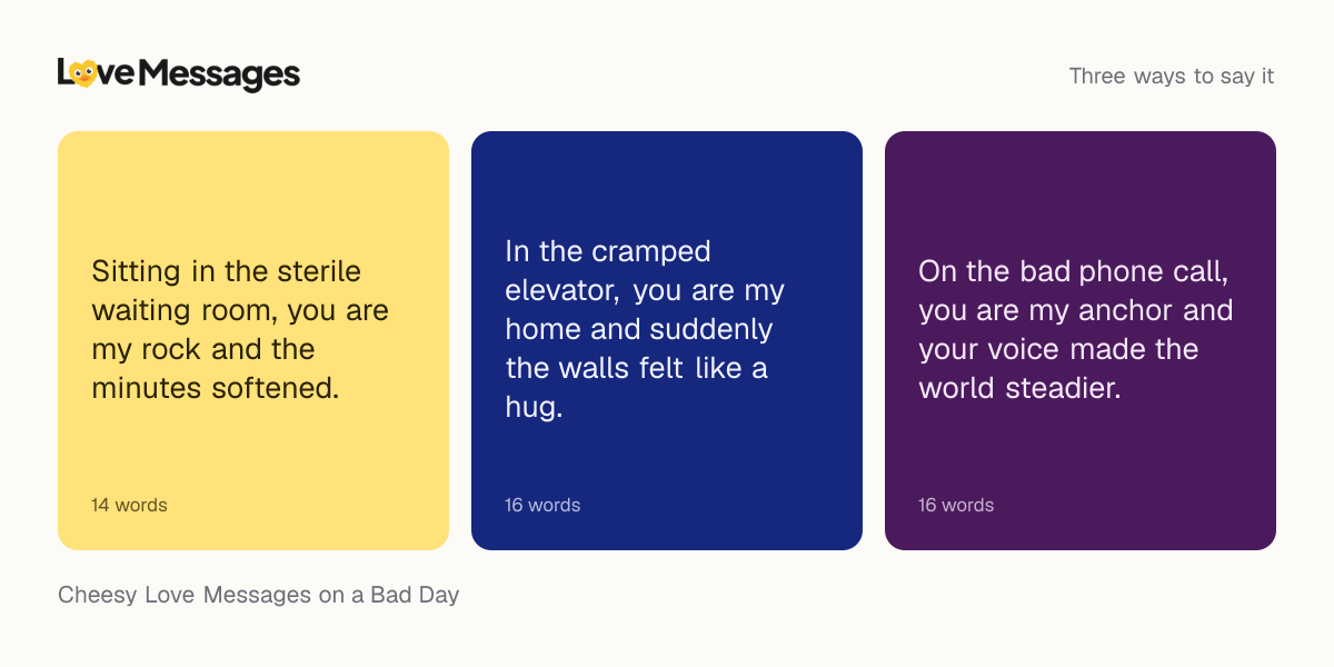 Three messages from this collection, each shown on a coloured card with its word count