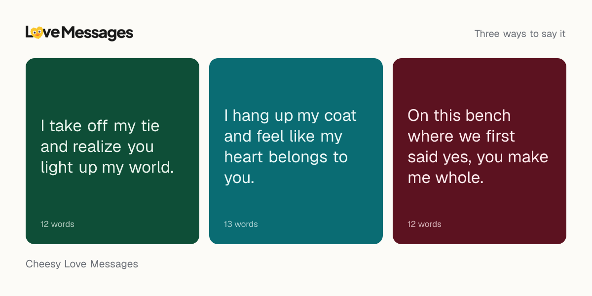Three messages from this collection, each shown on a coloured card with its word count