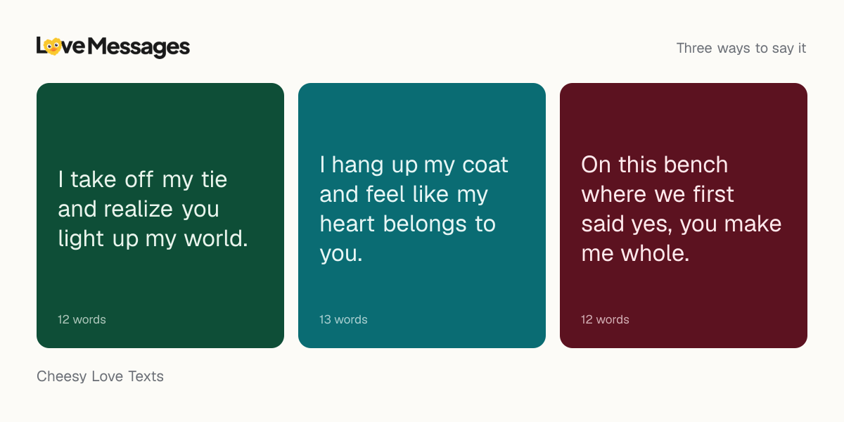 Three messages from this collection, each shown on a coloured card with its word count