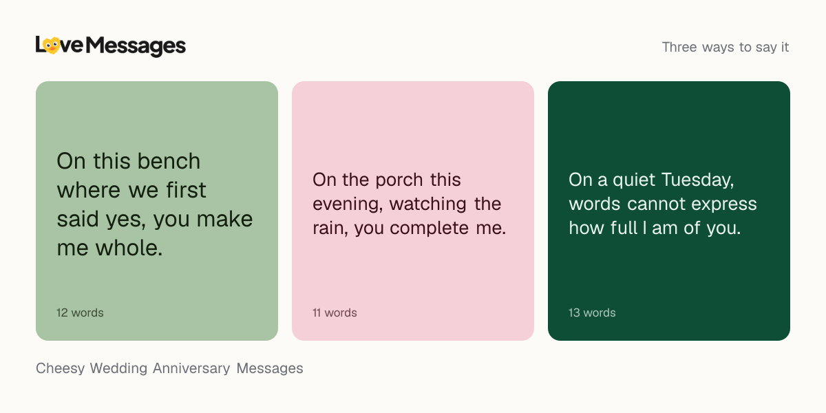 Three messages from this collection, each shown on a coloured card with its word count