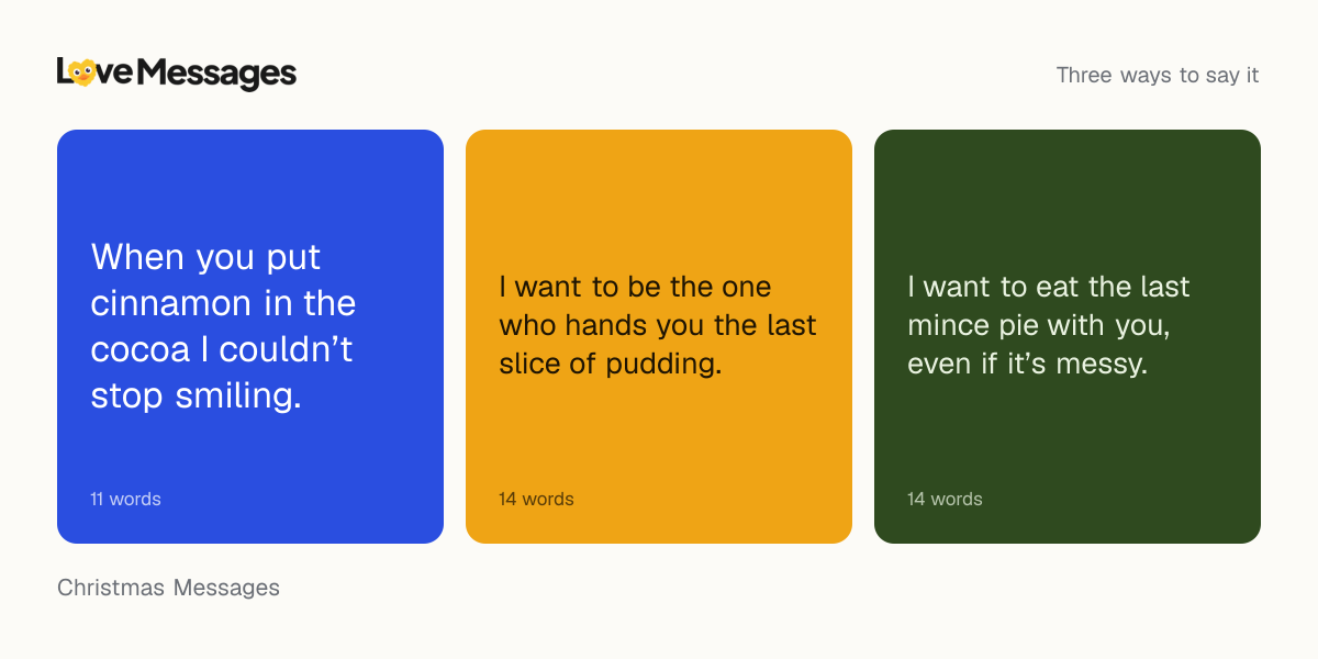 Three messages from this collection, each shown on a coloured card with its word count