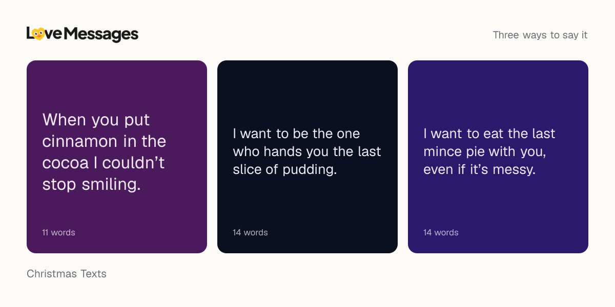 Three messages from this collection, each shown on a coloured card with its word count