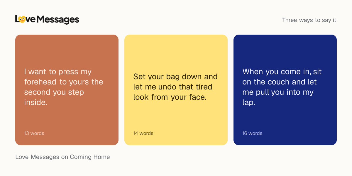 Three messages from this collection, each shown on a coloured card with its word count