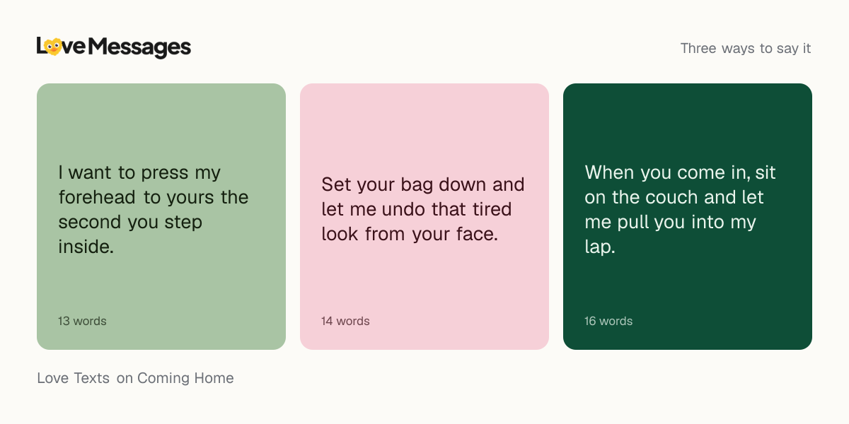 Three messages from this collection, each shown on a coloured card with its word count