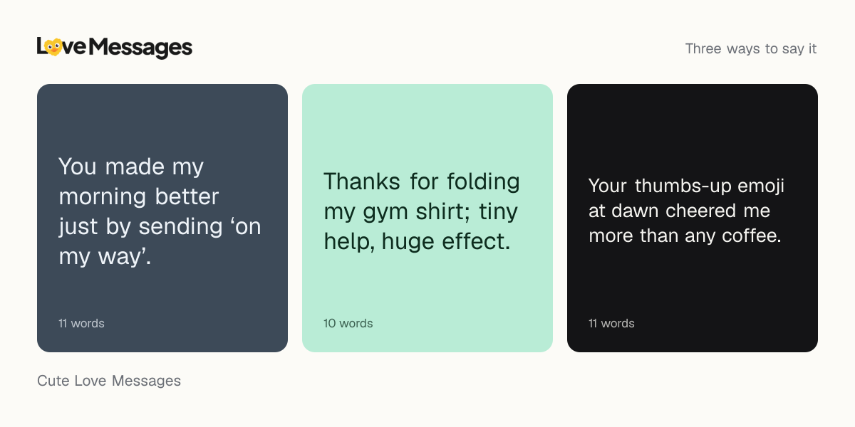 Three messages from this collection, each shown on a coloured card with its word count