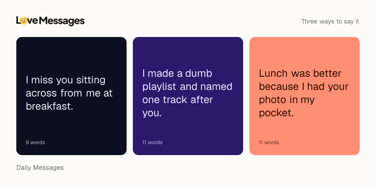 Three messages from this collection, each shown on a coloured card with its word count