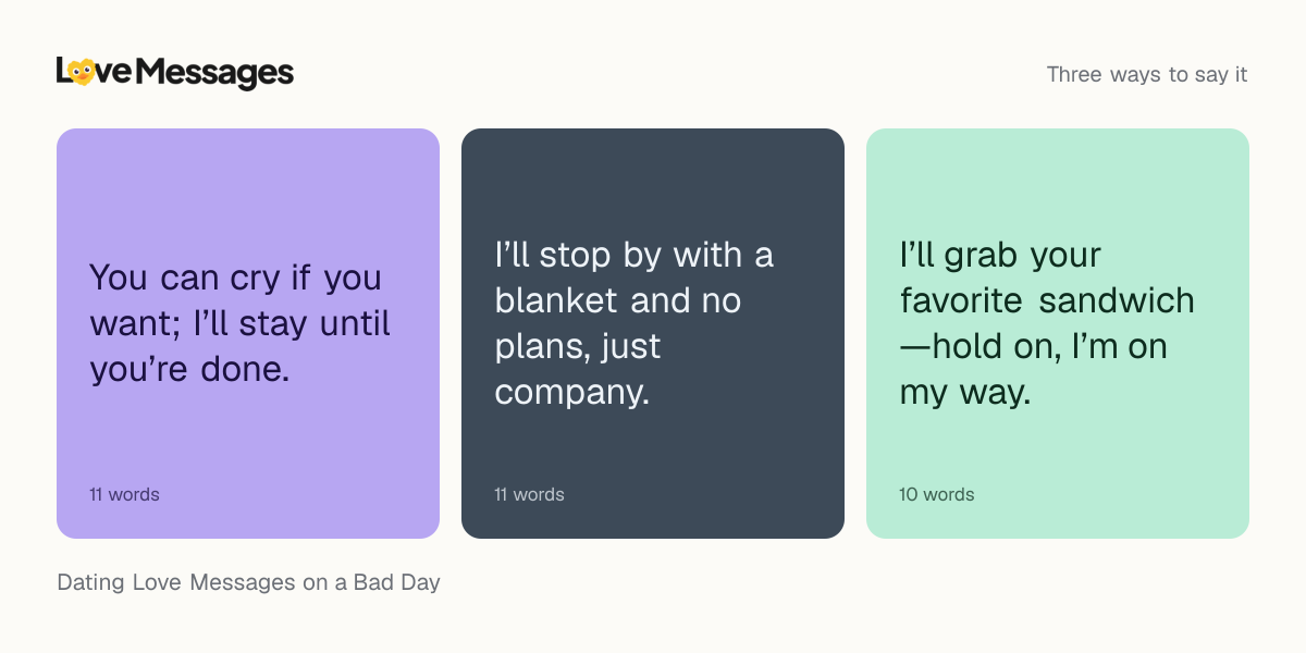Three messages from this collection, each shown on a coloured card with its word count