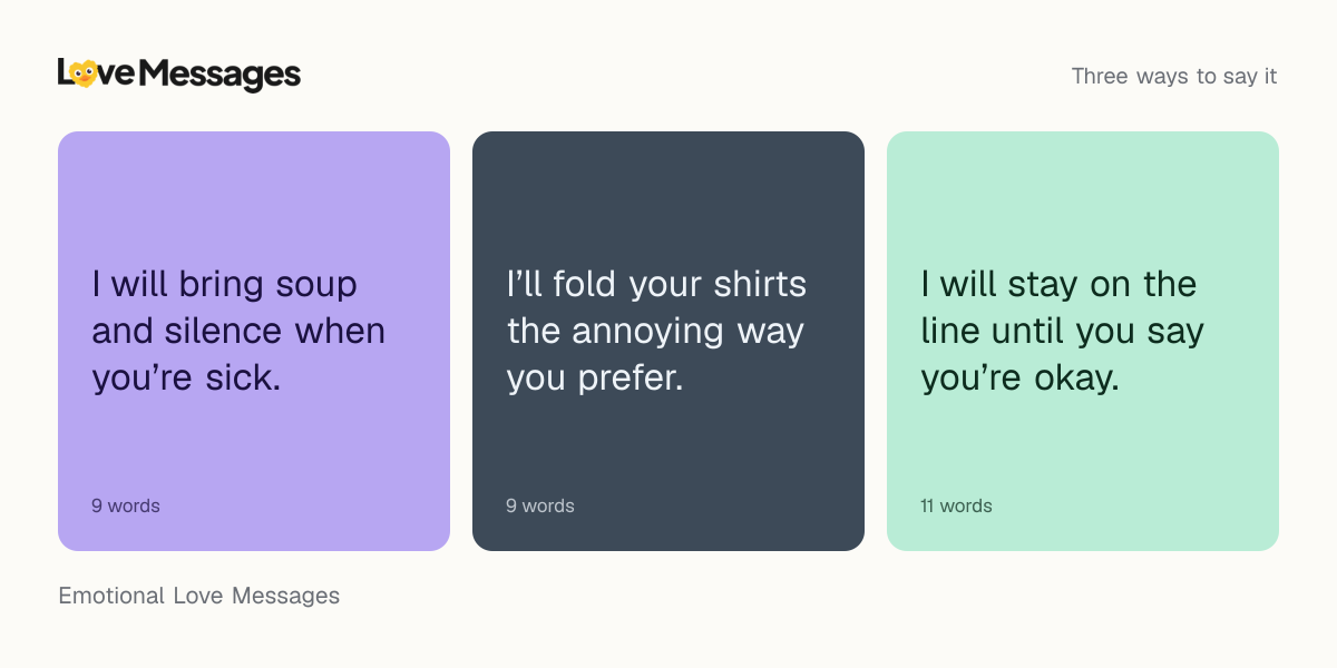 Three messages from this collection, each shown on a coloured card with its word count