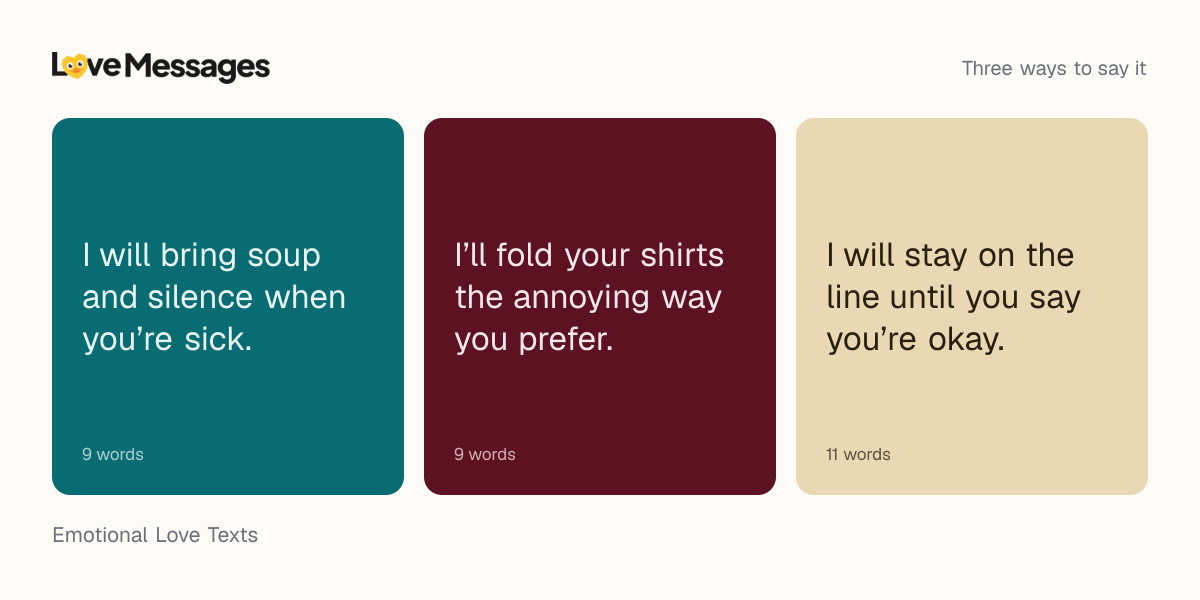 Three messages from this collection, each shown on a coloured card with its word count