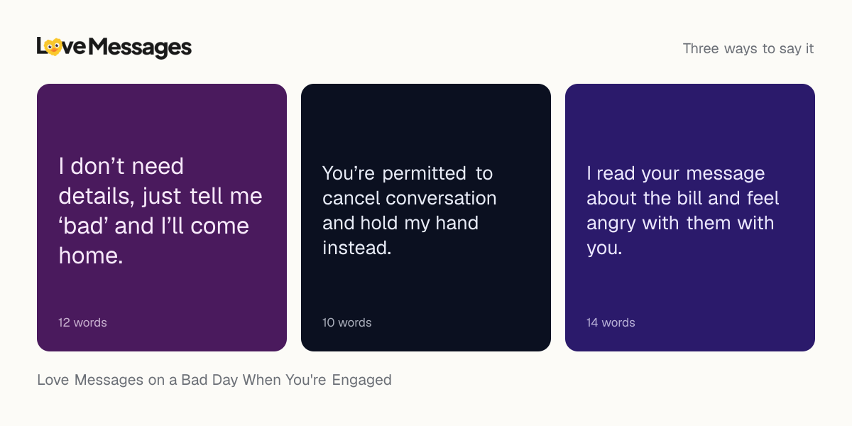 Three messages from this collection, each shown on a coloured card with its word count
