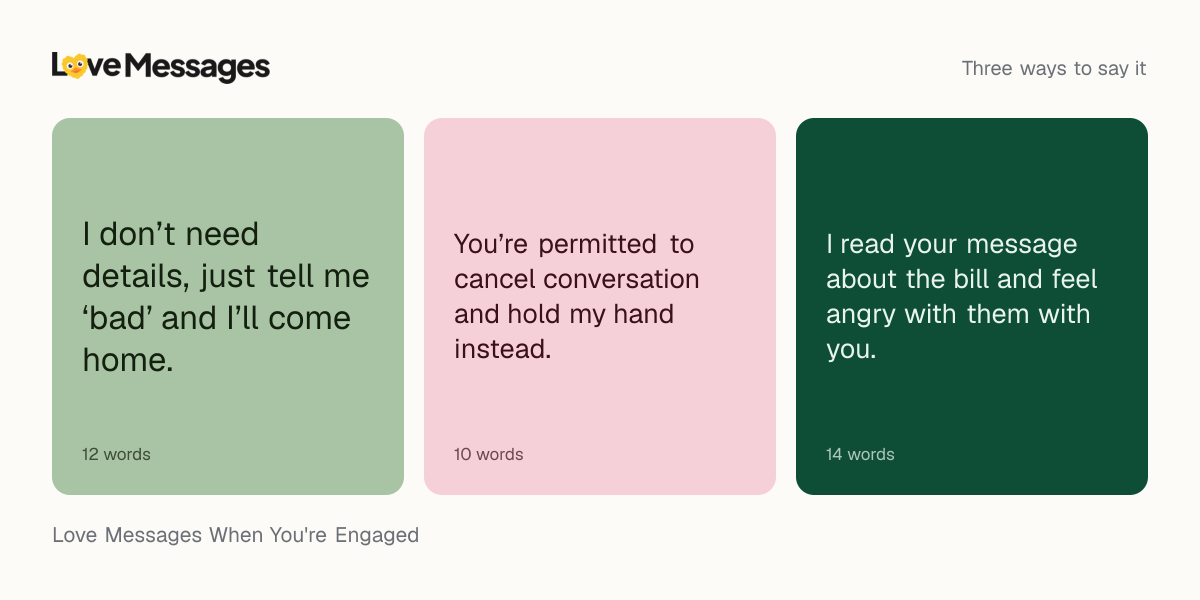 Three messages from this collection, each shown on a coloured card with its word count