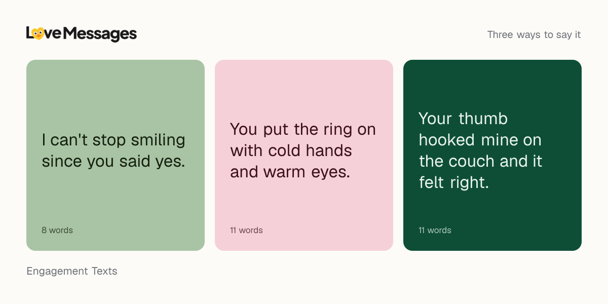 Three messages from this collection, each shown on a coloured card with its word count