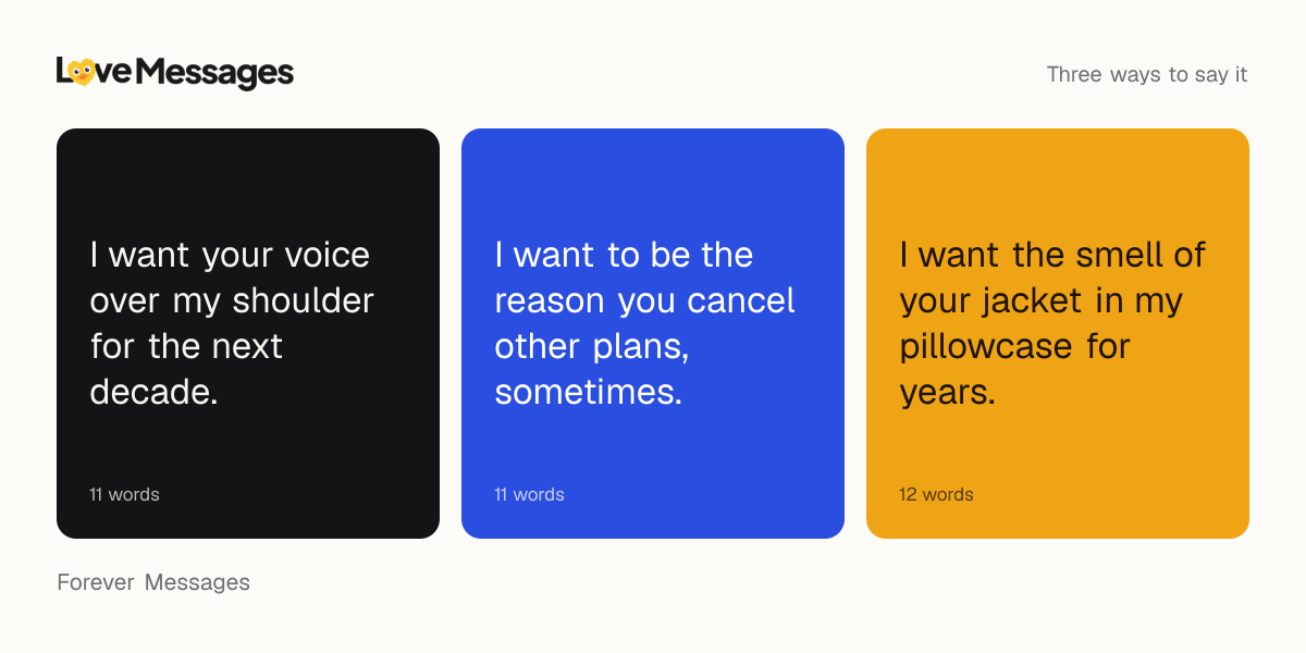 Three messages from this collection, each shown on a coloured card with its word count