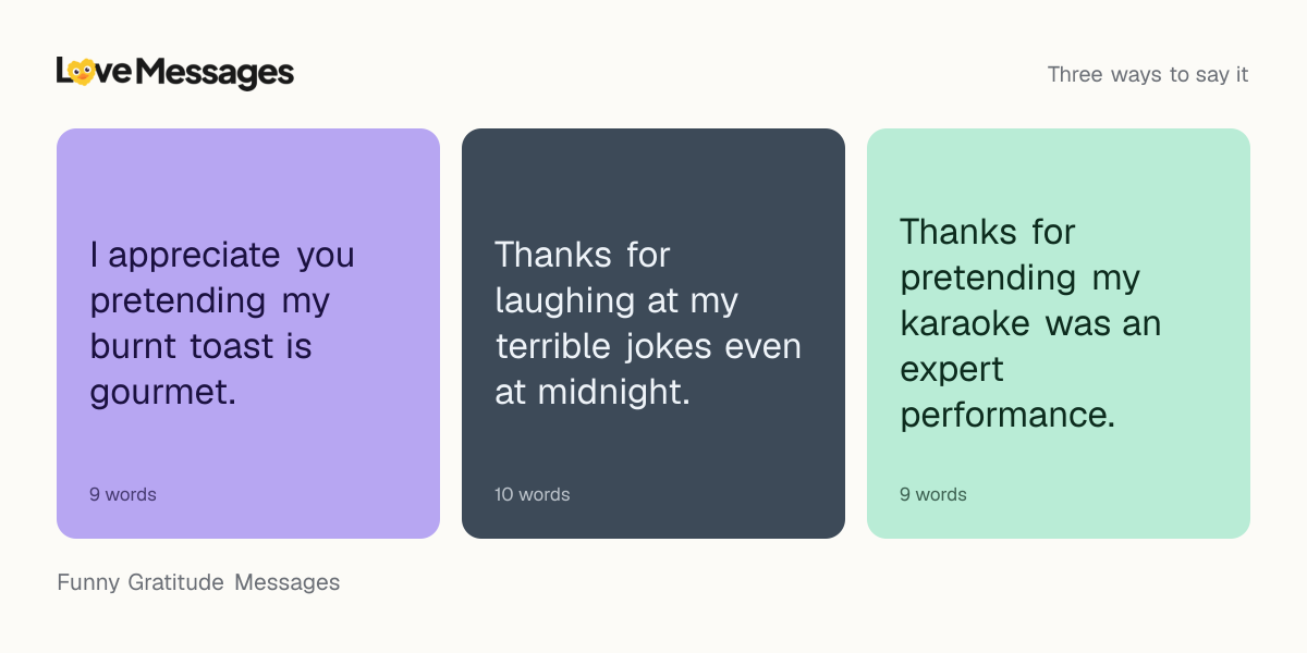 Three messages from this collection, each shown on a coloured card with its word count