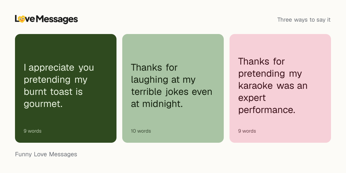 Three messages from this collection, each shown on a coloured card with its word count