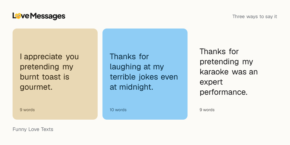Three messages from this collection, each shown on a coloured card with its word count