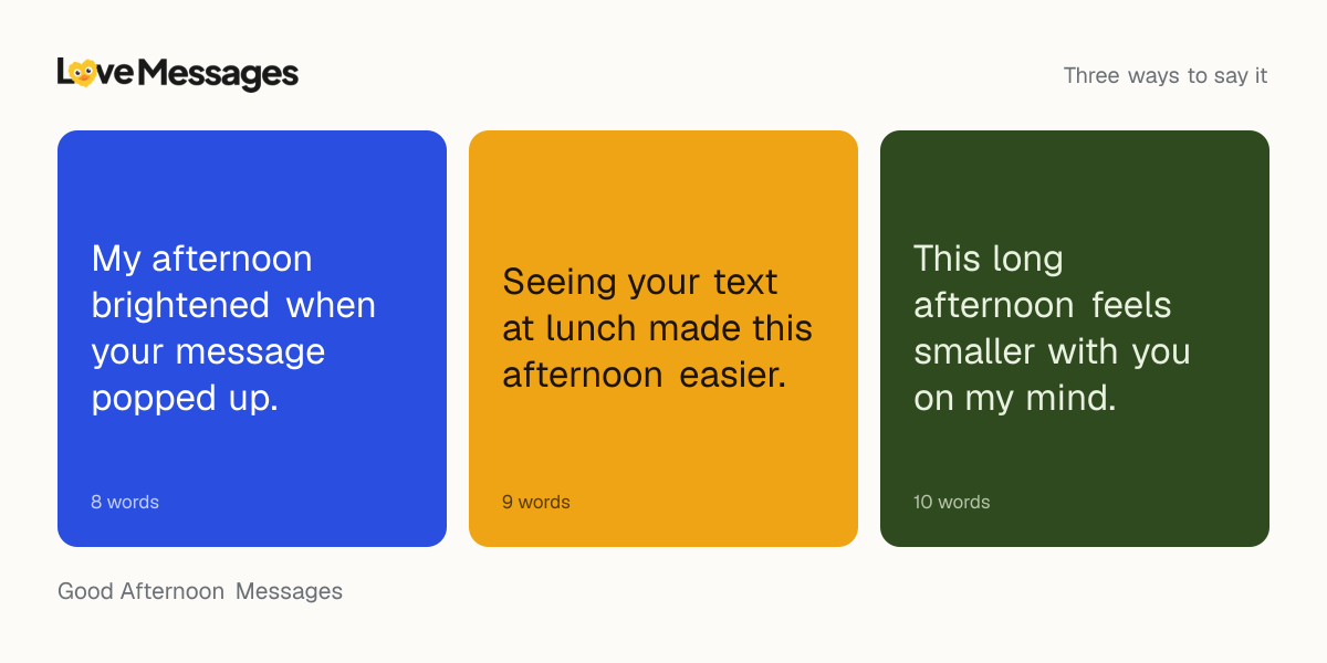Three messages from this collection, each shown on a coloured card with its word count
