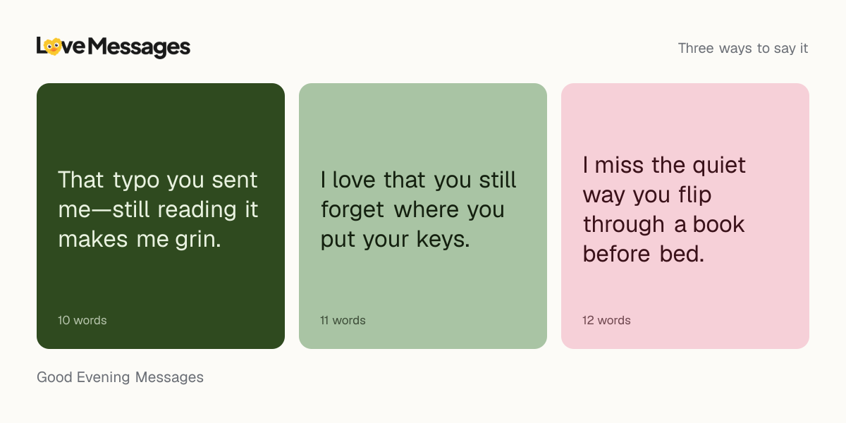 Three messages from this collection, each shown on a coloured card with its word count