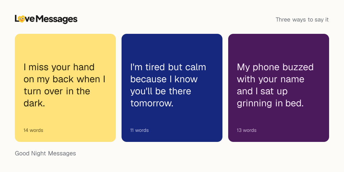 Three messages from this collection, each shown on a coloured card with its word count