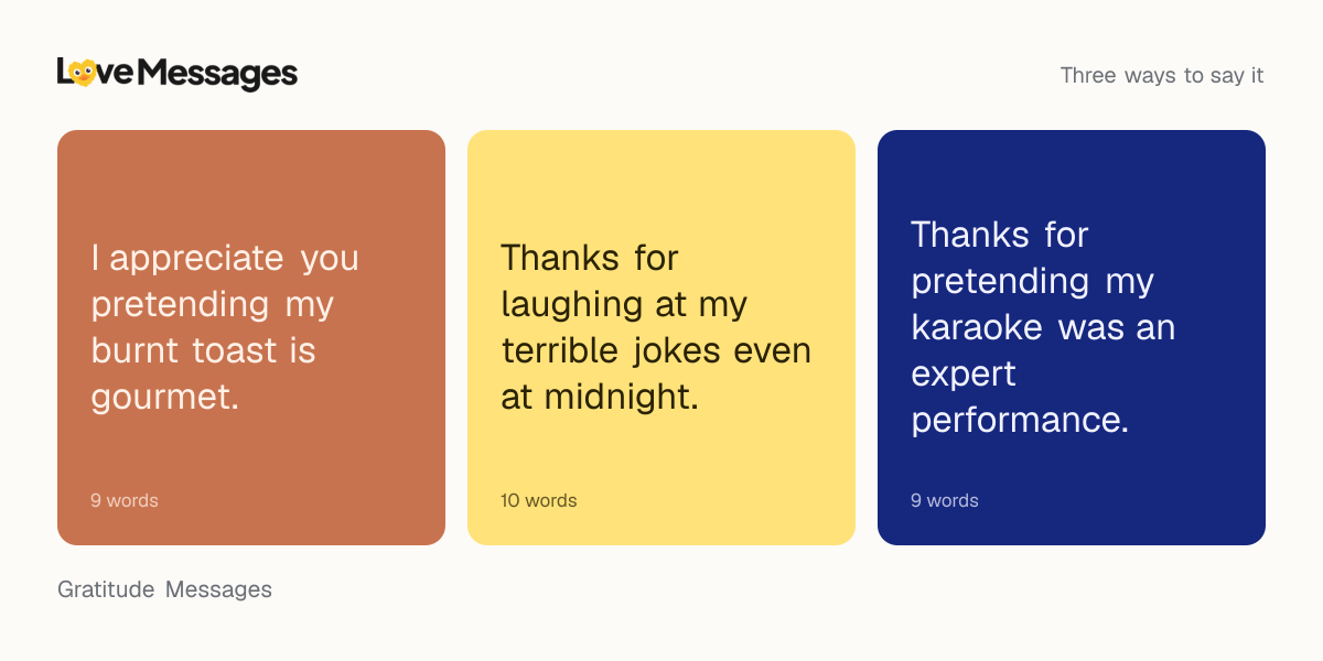 Three messages from this collection, each shown on a coloured card with its word count