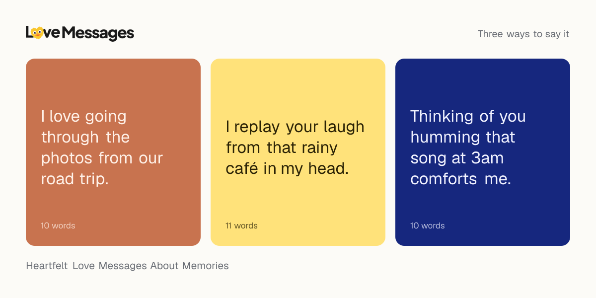 Three messages from this collection, each shown on a coloured card with its word count