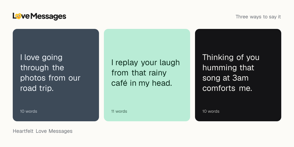 Three messages from this collection, each shown on a coloured card with its word count