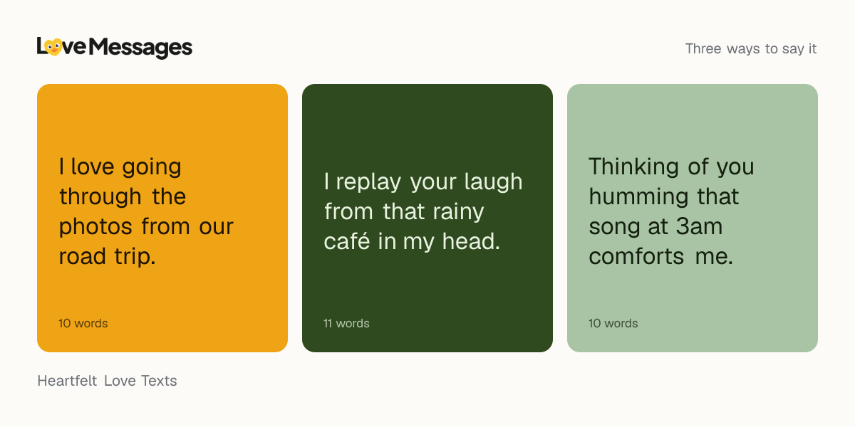 Three messages from this collection, each shown on a coloured card with its word count