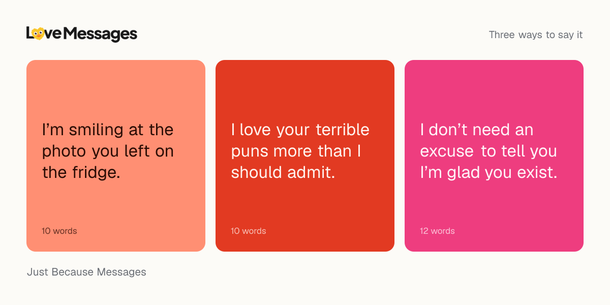 Three messages from this collection, each shown on a coloured card with its word count