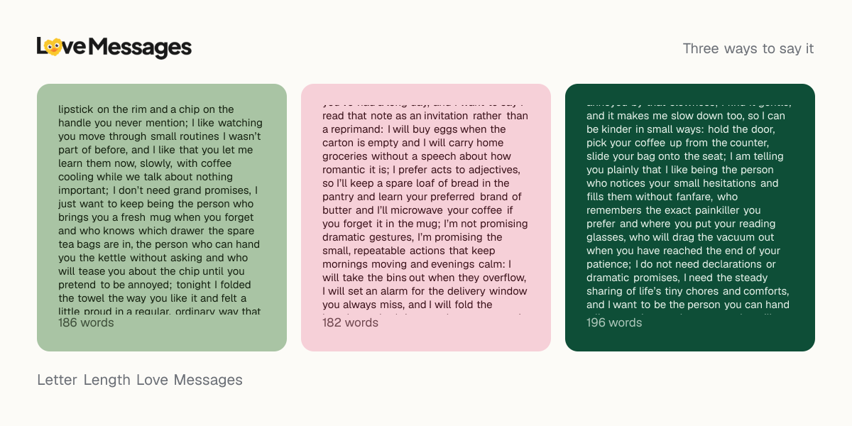 Three messages from this collection, each shown on a coloured card with its word count