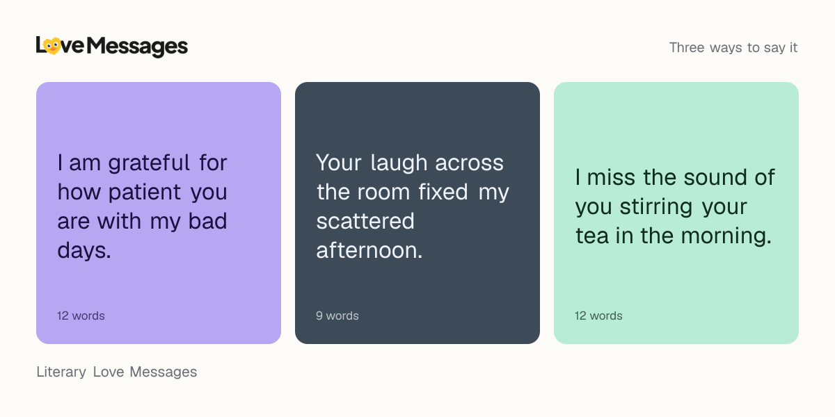Three messages from this collection, each shown on a coloured card with its word count