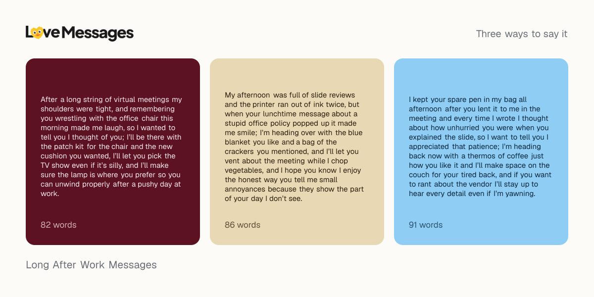 Three messages from this collection, each shown on a coloured card with its word count